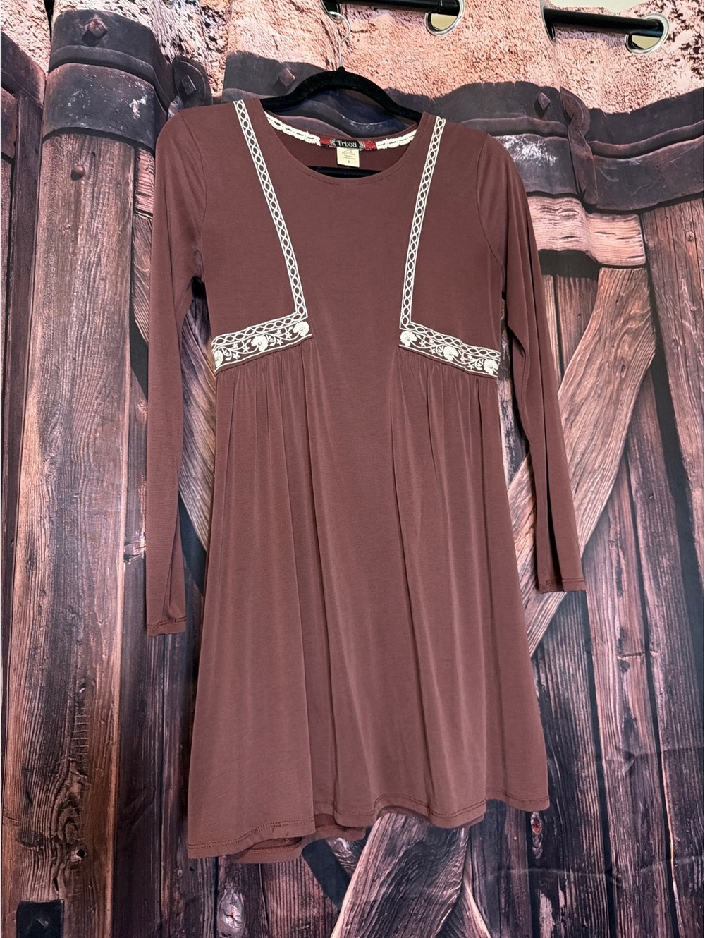 Trixxi Mario  Long Sleeve Dress with White Embroidered Detail, Size S
